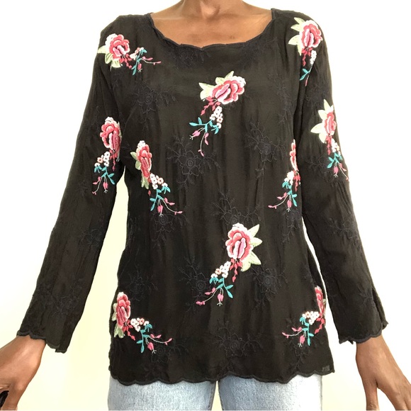 JOHNNY WAS| Boho Floral Embroidered Black Blouse Tunic